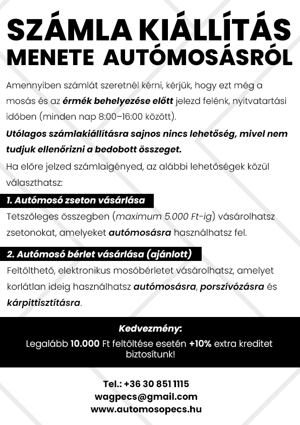 Wash & Go számlakiállítás tájékoztató